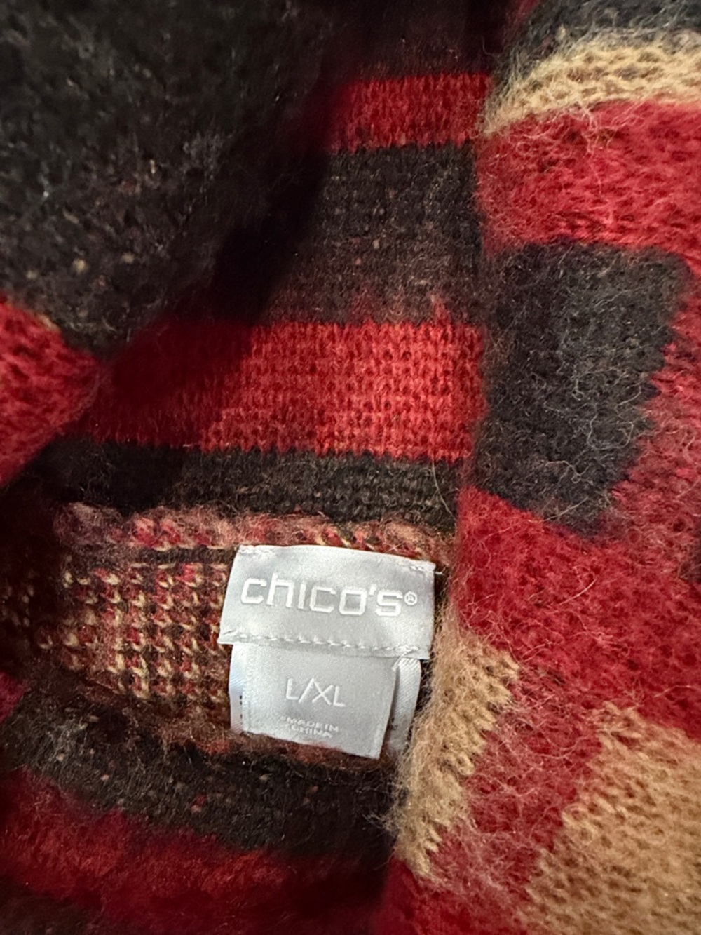 Chico's Red, Black, Cream Plaid Knit Poncho - Picture 2 of 6